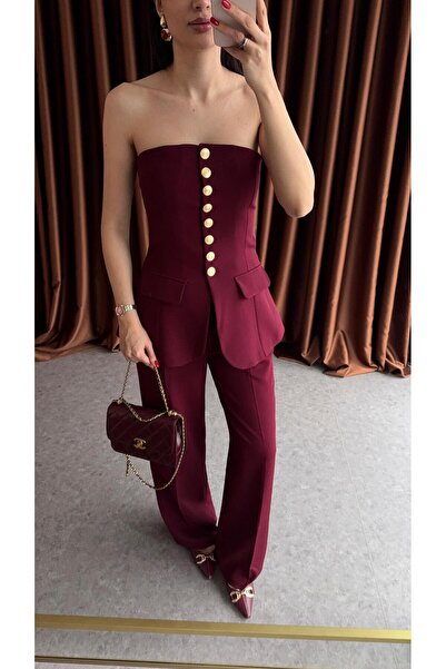ossons Set pantaloni cu vestă fără bretele și nasturi aurii - Roșu Claret