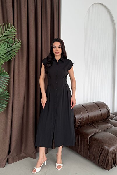 Serica Moda Μαύρο φόρεμα μίντι από ύφασμα Tencel με γιακά πουκάμισου και κουμ...