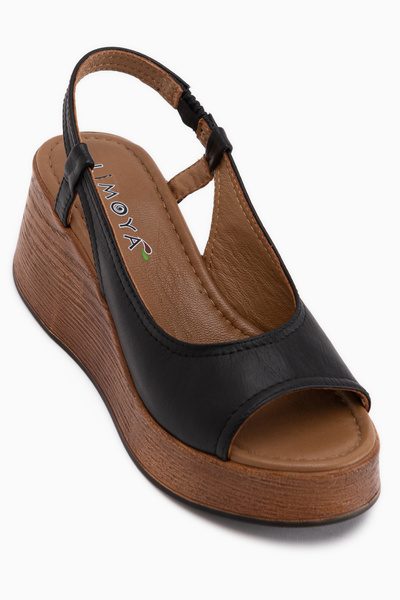 Limoya Marry Genuine Leather Black Elastic Wedge Heeled Women's Shoes
