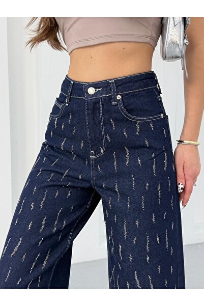 zeofficial Pantaloni din denim largi, cu broderie în față, tendință sezon nou
