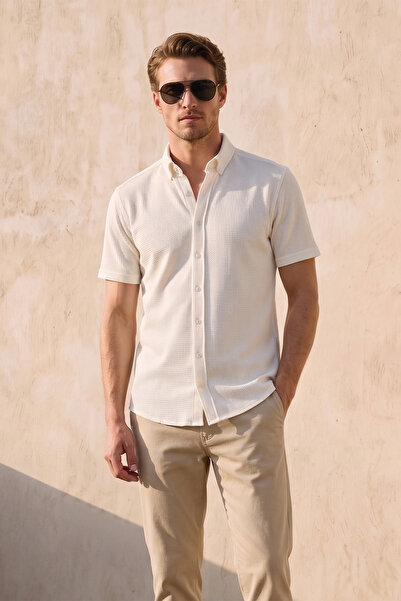Fulla Moda Ribbed Buttoned Short Sleeve Shirt