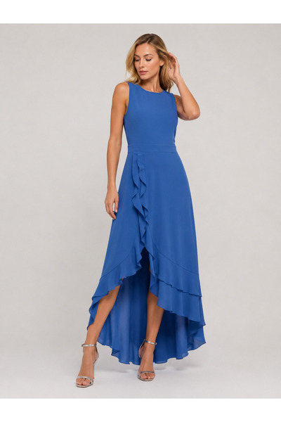 Sibel Günay Butik Women's Indigo Blue Crepe Fabric Evening Dress with Flounce...