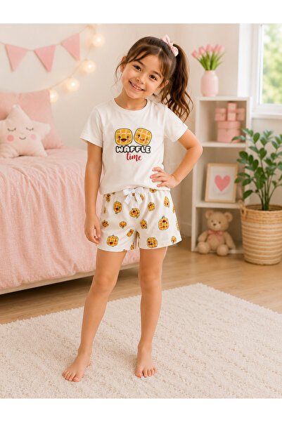 SERPİL Kız Çocuk Waffle Baskılı Şortlu Pijama Takımı Kısa Kollu Yazlık Ev Giyim