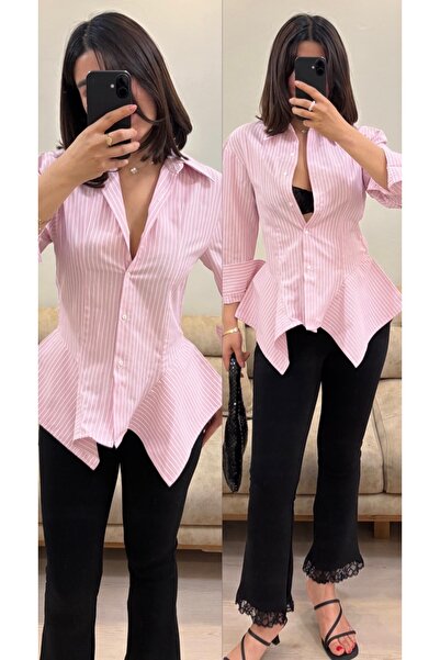 Marka Kadın Peplum Detay Çizgili Pamuklu Poplin Tasarım Gömlek