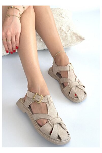 BellAyakkabı ⁠ Bellamor Women's Suede Knitted Detailed Caged Casual Sandals ⁠