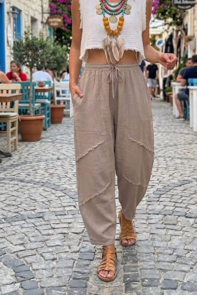 alle moda %100 Keten Beli Lastikli Püskül Detaylı Bol Kesim Şalvar Pantolon -...