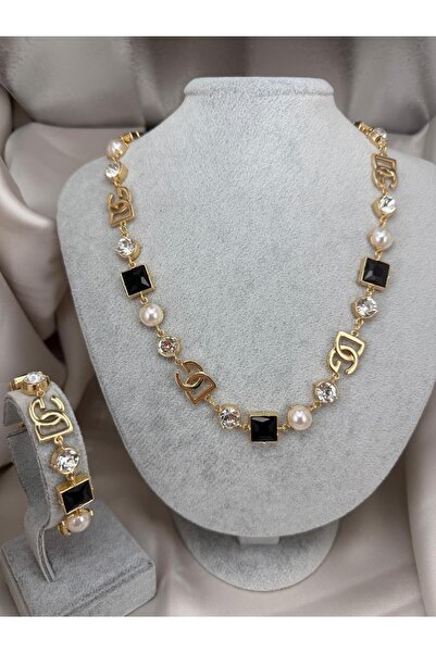 ZS Aksesuar Gold Renk İnci ve Siyah Taş Detaylı Kolye Bileklik Seti – Şık Kad...