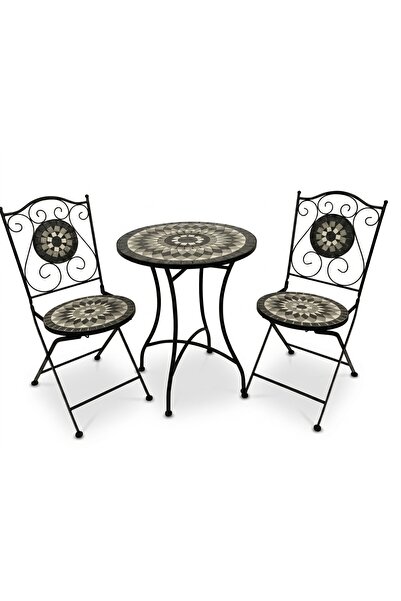 huteras Roma Mozaik Bahce Bistro Seti Siyah Ferforje 1 Masa + 2 Katlanir Sand...