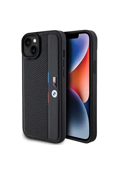 BMW Husă perforată cu linii tricolore pentru iPhone 15 Plus, 14 Plus, negru