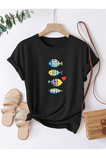 trendypassion تي شيرت بيج مطبوع عليه أسماك ملونة للجنسين، تي شيرت بتصميم مطبوع
