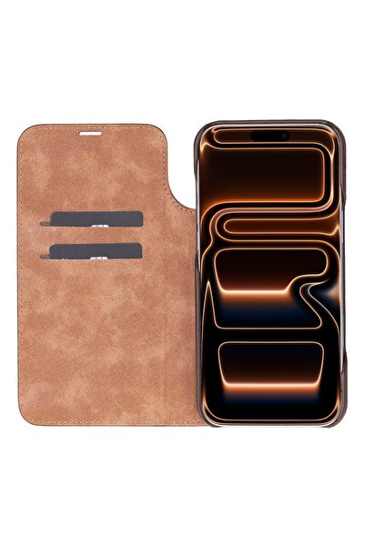 PLM Apple iPhone 17 Pro için, Hakiki Deri, El Yapımı, Cüzdanlı Slim Kılıf, Ma...