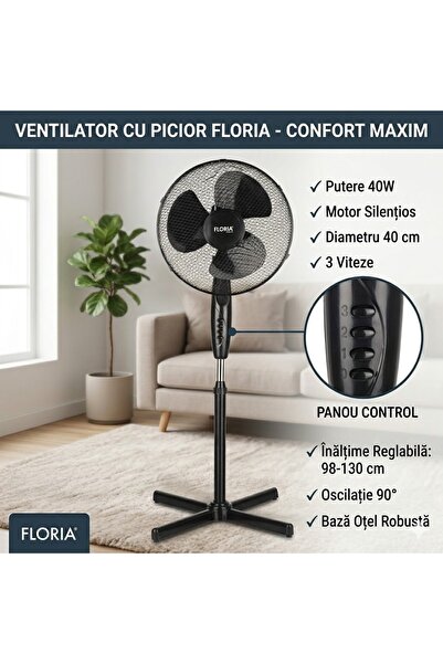 Floria Ventilator cu Picior FLORIA, 40W, Diametru 40 cm, 3 Trepte de Viteză, ...