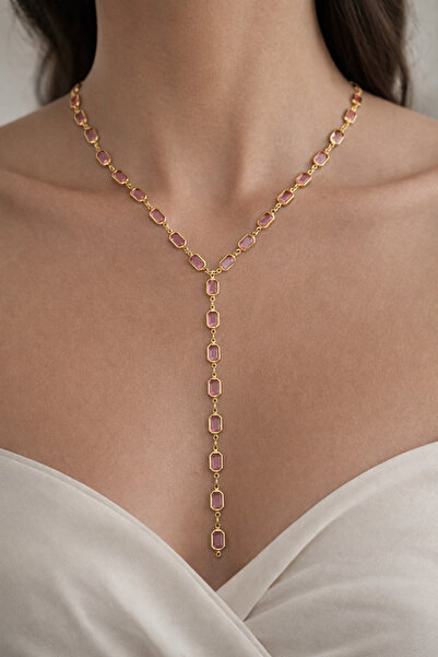 laria jewelry قلادة على شكل حرف Y مرصعة بحجر الزركون الوردي