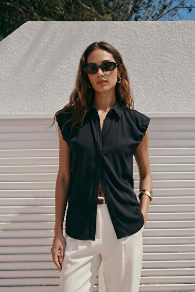 Sateen Sleeve Detailed Shirt - Black