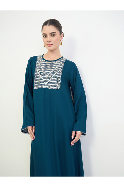 Amirah By Styli Navy Blue Embroidery Yoke Round Neck Jalabiya