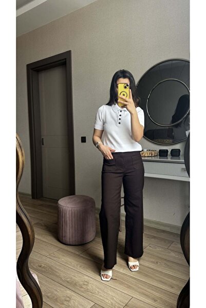 Büşra Ayhan High Waist Wide Leg Jean Trousers - Brown - 42