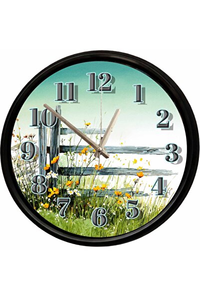 Caseras Decorative Wall Clock with Wild Flowers and Wooden Fence Design 28 cm...