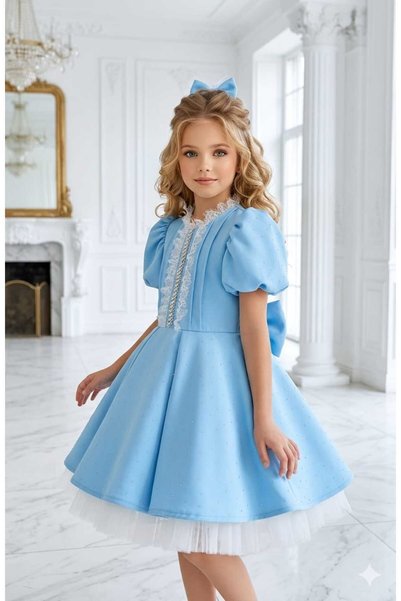 papey Girl's Ruffle Lace and Ribbon Detail Clown Collar Dress with Stone Deta...