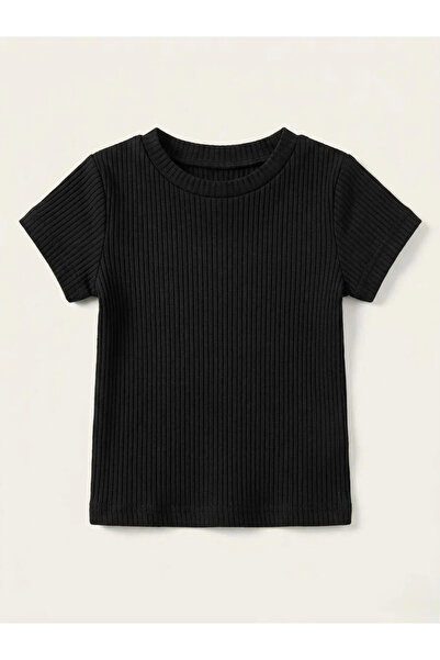 kidstalya Girl's Short Sleeve Ribbed Bodysuit - Black (1-5 Years)