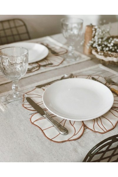 Duu Home 8-Piece Beige Flora Linen Placemat Set Supla |   Stain Resistant |   Modern Table Decor