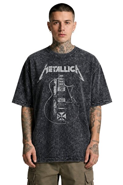 Fuddy Moda Унисекс тениска с принт на китара Metallica, переща се, овърсайз, ...
