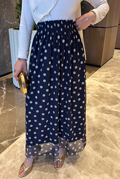 İmajButik Navy Blue Polka Dot Chiffon Skirt with Elastic Waist