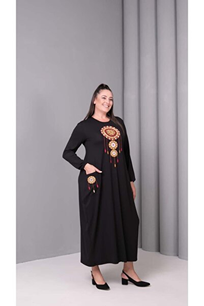 kısmet sepeti Women's Black Ethnic Patterned Long Sleeve Viscose Combed Cotto...
