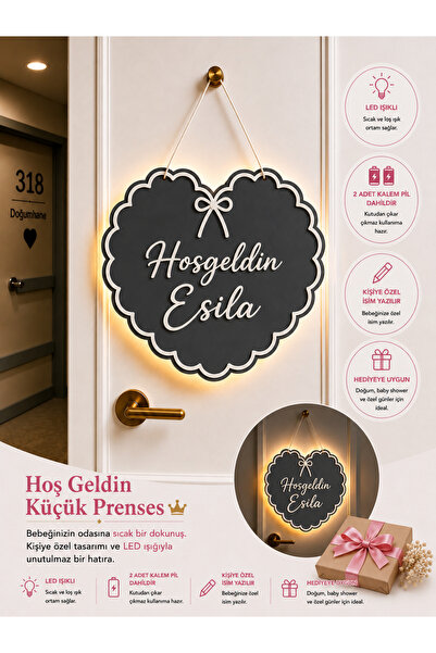baskigo.com Kişiye Özel LED Işıklı Bebek Kapı Süsü Hoşgeldin Bebek Hastane Od...