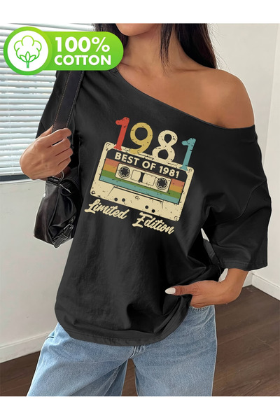 OVER HEAD Tricou pentru femei, 1981, cu imprimeu casetă, cu decolteu bărcuță,...