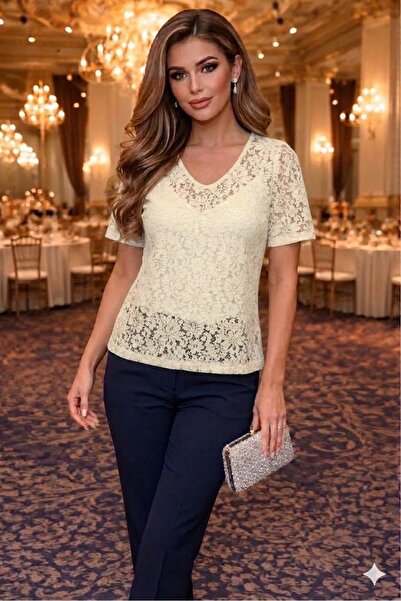 Royteks Fashion Transparan Sarı Dantelli Relaks Kadın Bulüz