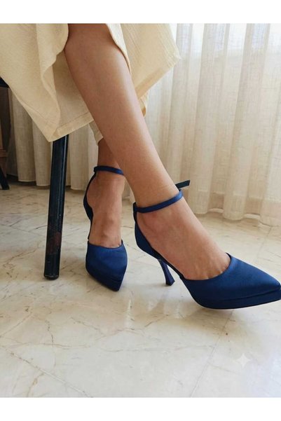 solebydilhan Cobalt Blue Satin Look Ankle Strap Women's Stiletto Heeled Shoes