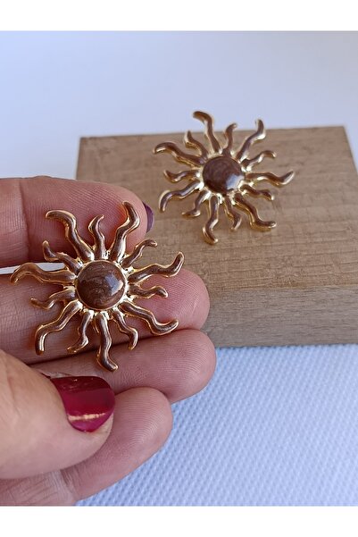 modamira Güneş Küpe El Emeği Doğal ışıltılı Kahverengi küpe 4cm