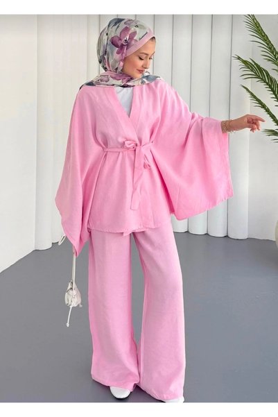 kendii modamm Pink Poplin Set Cotton Poncho Cut Top and Elastic Waist Wide Leg Pants Summer Hijab Set