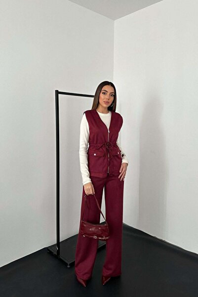 Caddebostan Moda Women's Suede Vest and Pants Two-Piece Set Combination