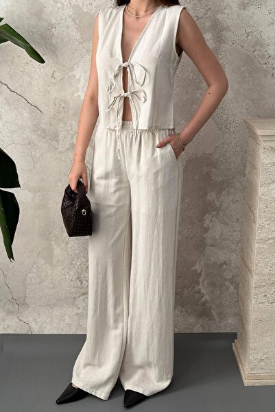 Caddebostan Moda Sleeveless Vest with Bow on the Front and Wide-Legged Trouse...