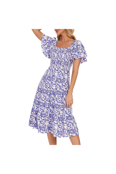 OEM Rochie cocktail midi boho cu mâneci bufante, vaporoasă, cu imprimeu flora...