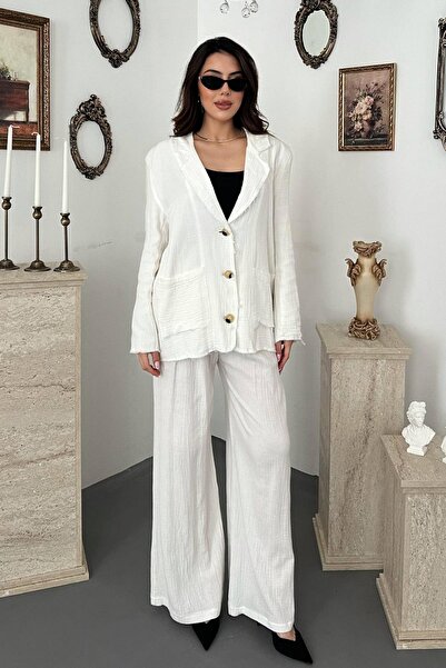 Caddebostan Moda Women's Oversize Muslin Jacket and Trousers Two-Piece Set Re...