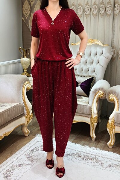 bizim butik Kadın Kırmızı Fermuarlı ve Cepli Bluz Şalvar Takımı. Standart Bed...