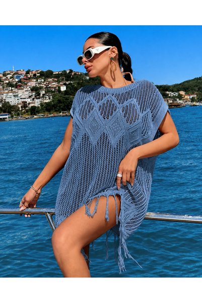 TRAFFOO CLUB Women's Cotton Mesh Knitted Tassel Beach Dress Standard Size