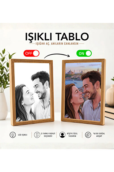 Lumosbox Kişiye özel ahşap ışıklı tablo sevgiliye hediye özel tasarım çift po...