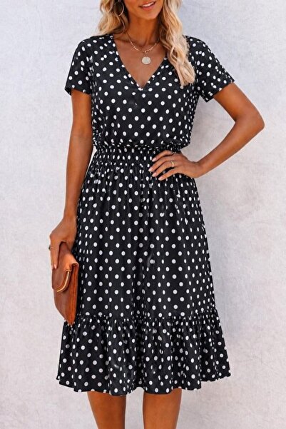 kendim fashion فستان نسائي قصير الأكمام بياقة على شكل V وخصر مطاطي متوسط الطو...