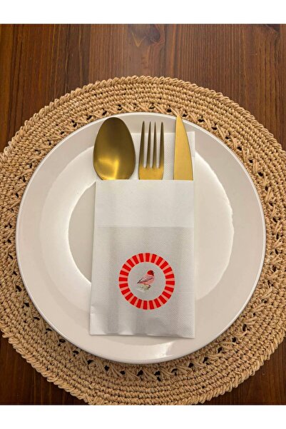 kidspartim Bird Printed Napkin with Kangaroo Pocket White 12 Pieces