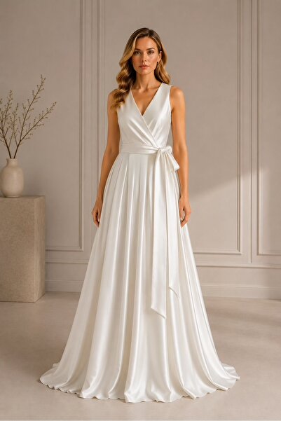 UNTIMELY Double-Breasted & Belted Maxi White American Satin Dress