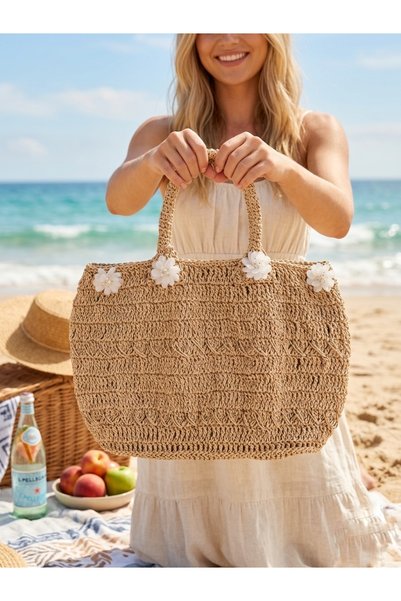 Enie Women's Beige Stone Embroidered Straw Handmade Beach Bag - Unlined