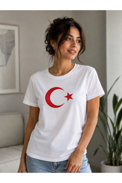 LADİJİTAL BASKI ÇÖZÜMLERİ White T-Shirt with a Crescent and Star