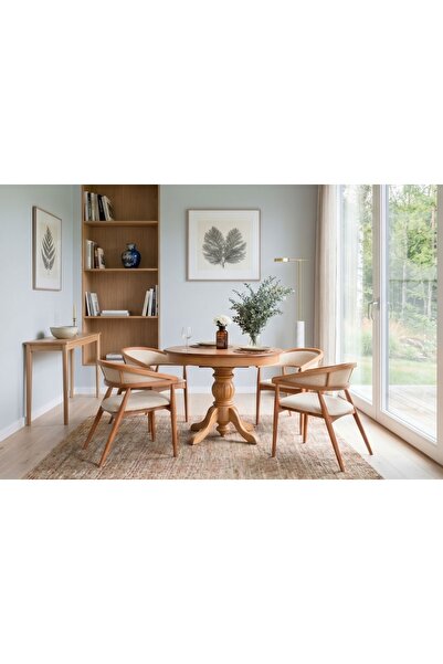 Vivense LORA NATUREL YUVARLAK AÇILABİLİR AHŞAP YEMEK MASASI TAKIMI, 100X100 CM