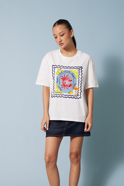 Nisan Crab Printed Crew Neck T-Shirt Ecru