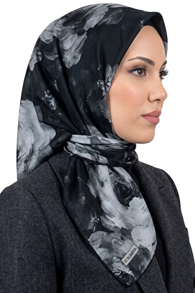 hadiora وشاح نسائي ناعم من القطن العضوي بنقشة زهور باللونين الأسود والرمادي