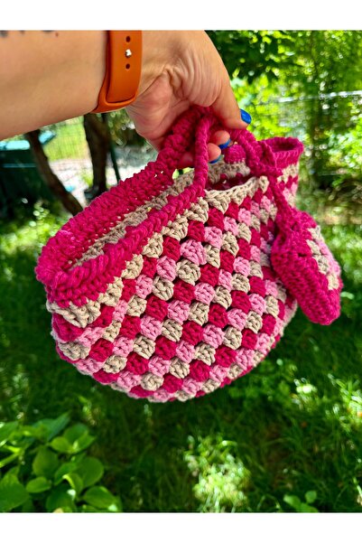 UNİCORNS Pembe Örgü Çanta (Mini Çantalı), Örgü El Çantası, Kadın El Çantası