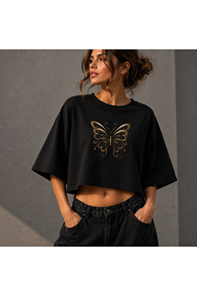 NUATEX Χρυσό Λαμπερό Μπλουζάκι Πεταλούδα Oversize Crop